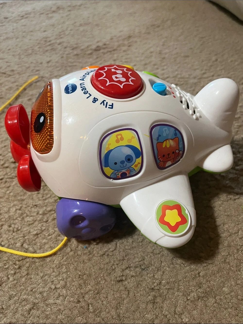 Interactive White Pull-Along Learning Airplane Toy with Colorful Buttons